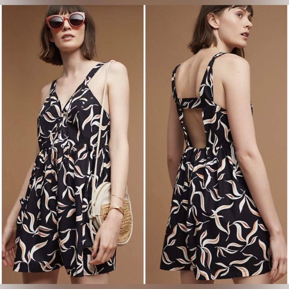 Black Printed Cutout Back Romper with Abstract Leaf Print